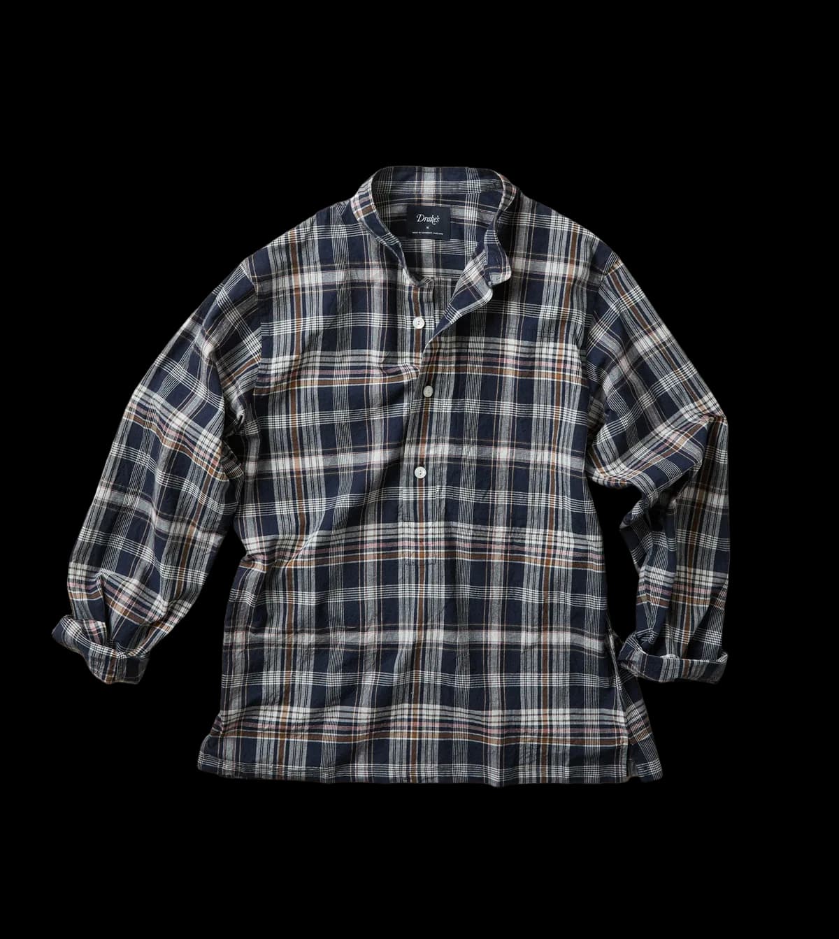 Navy, White and Yellow Madras Check Cotton Mandarin Collar Popover Shirt