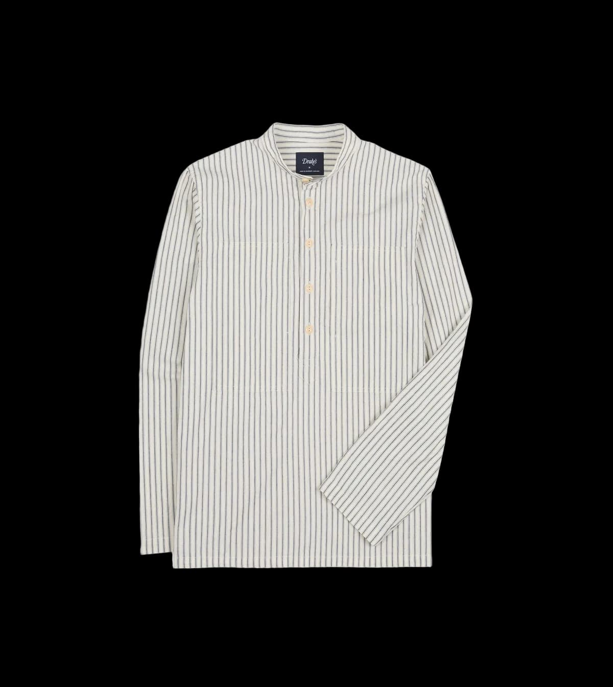 Indigo Stripe Cotton Mandarin Collar Popover Shirt