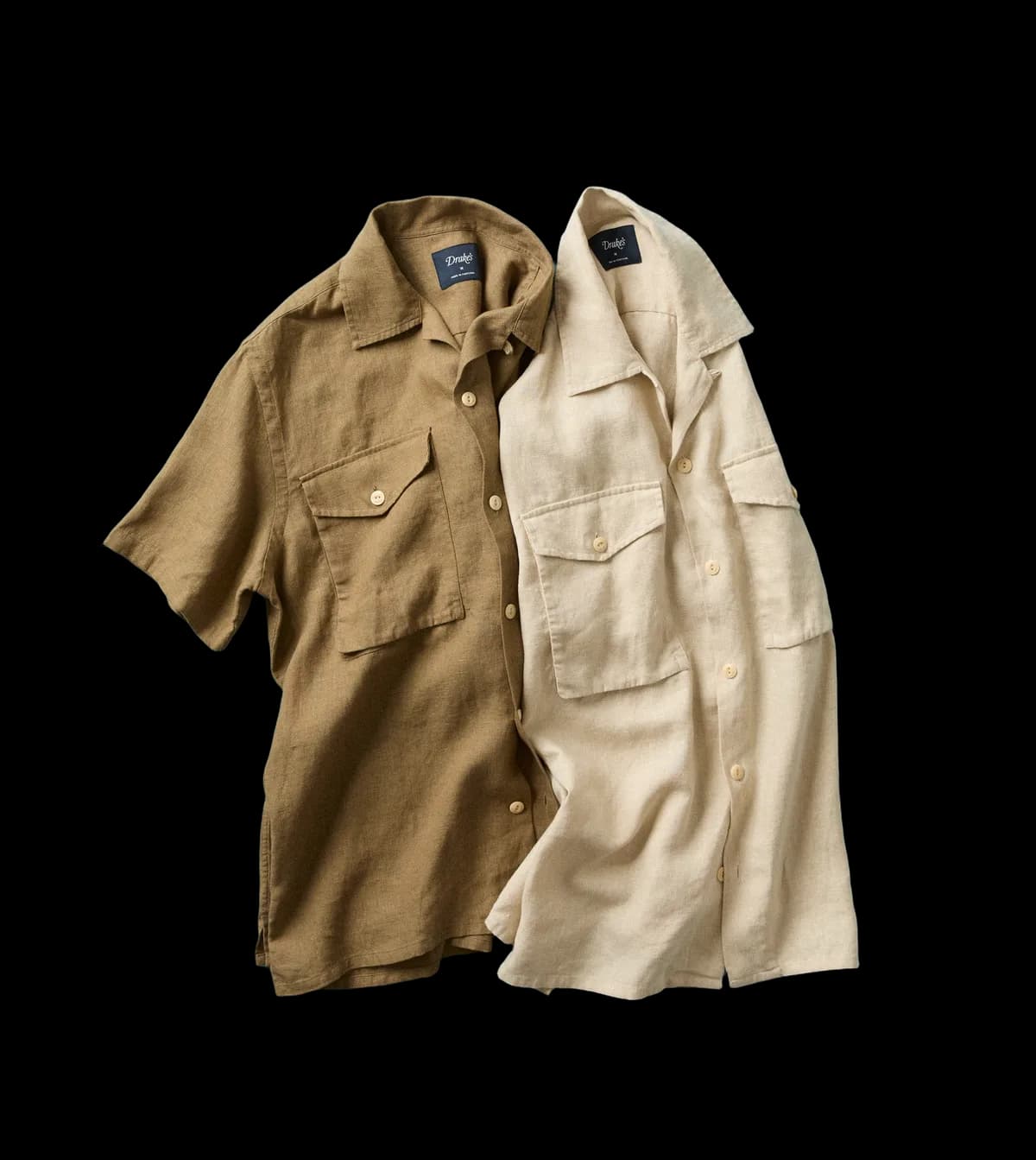 Ecru Linen Short Sleeve Camp Collar Military Shirt
