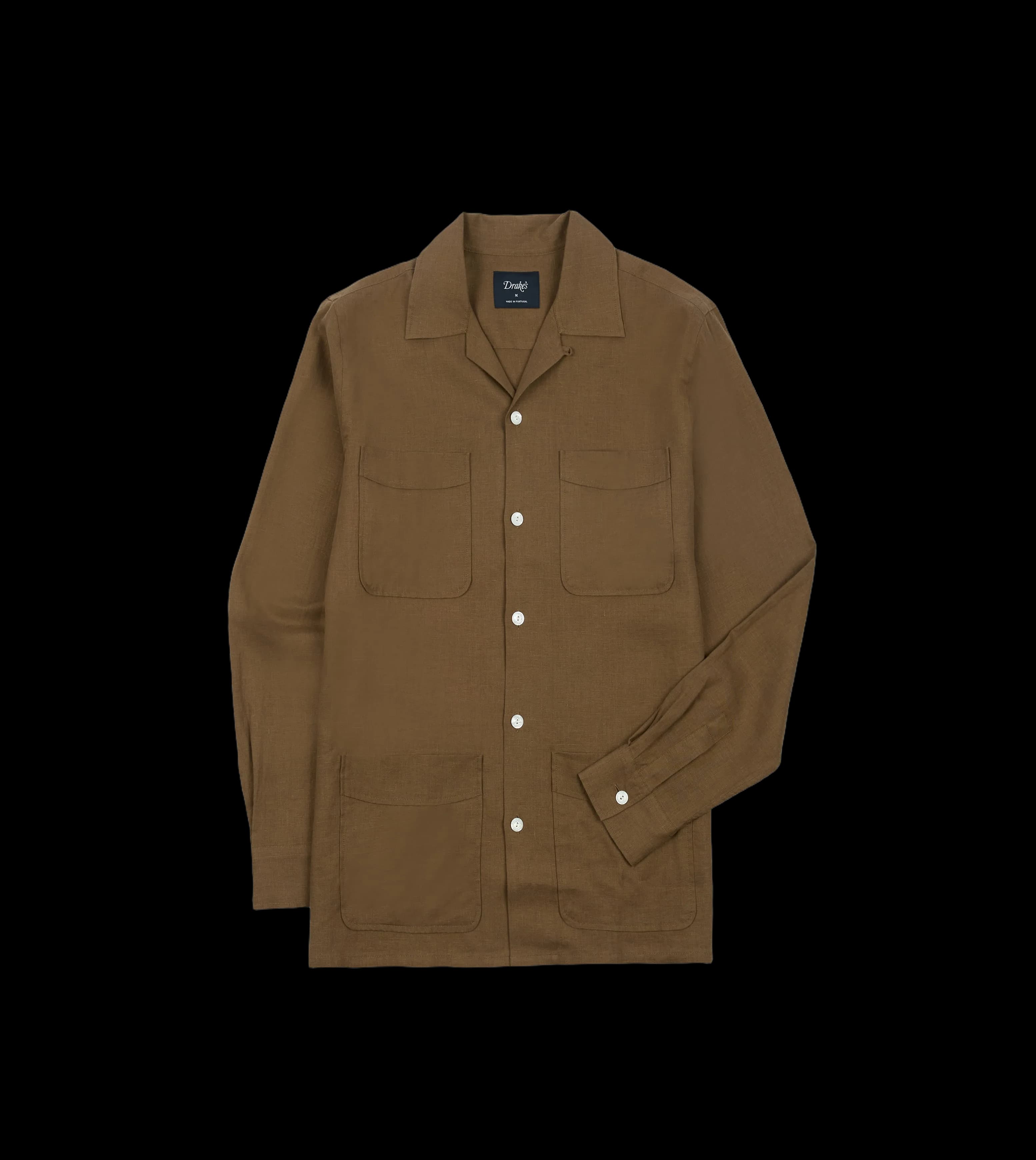 Khaki Linen Four-Pocket Camp Collar Work Shirt