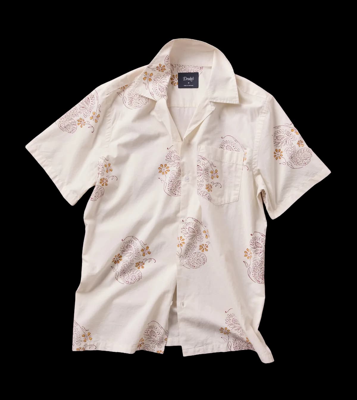 Ecru Floral Block Print Cotton Camp Collar Short Sleeve Shirt