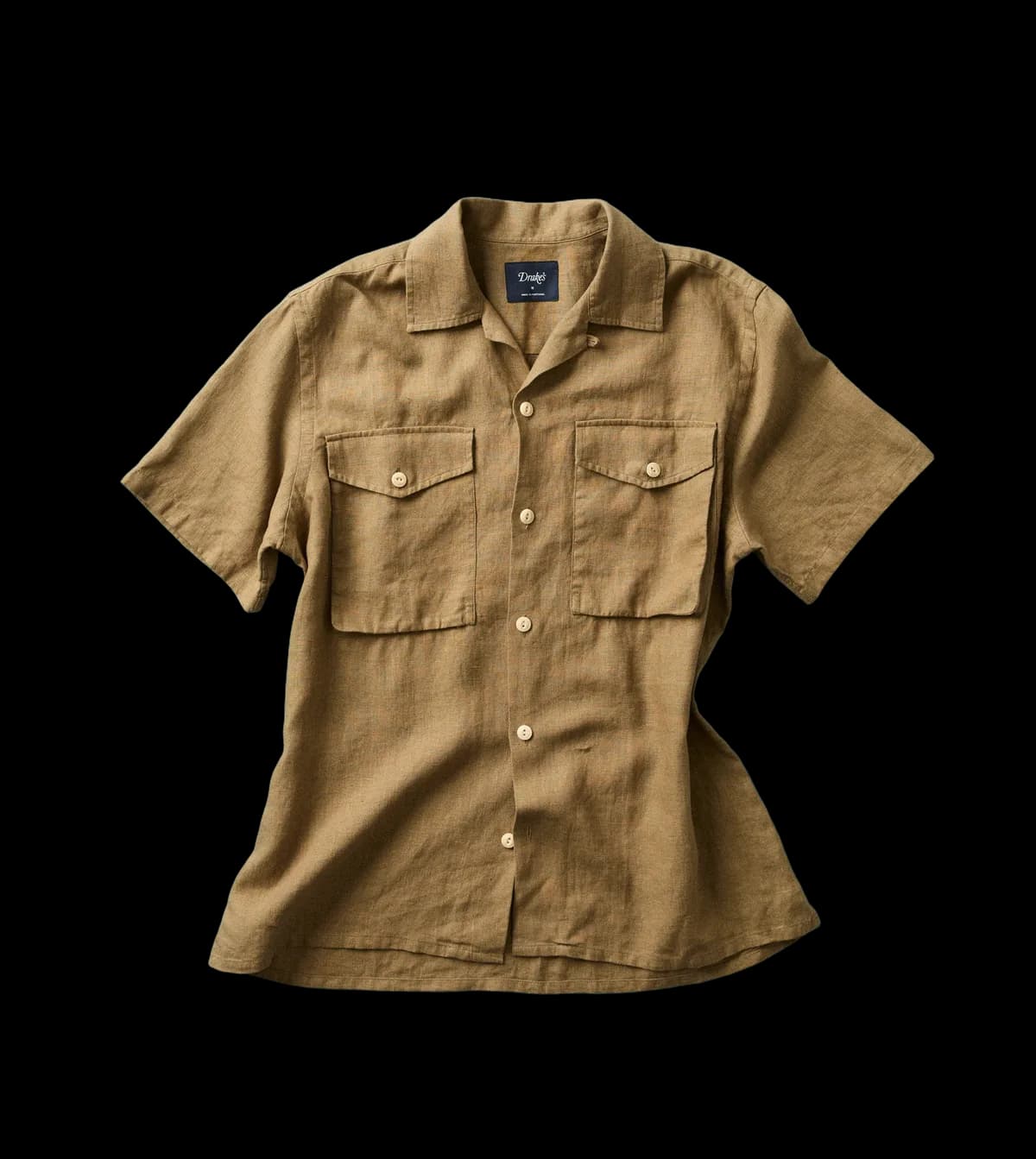 Khaki Linen Short Sleeve Camp Collar Military Shirt