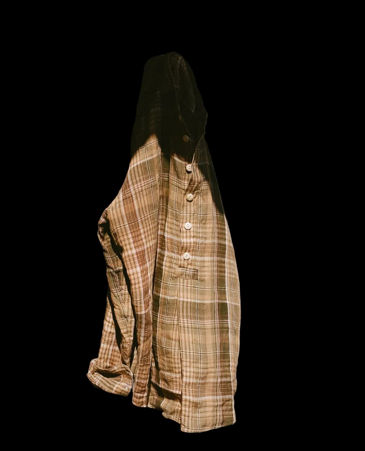 Brown Check Linen Mandarin Collar Popover Shirt
