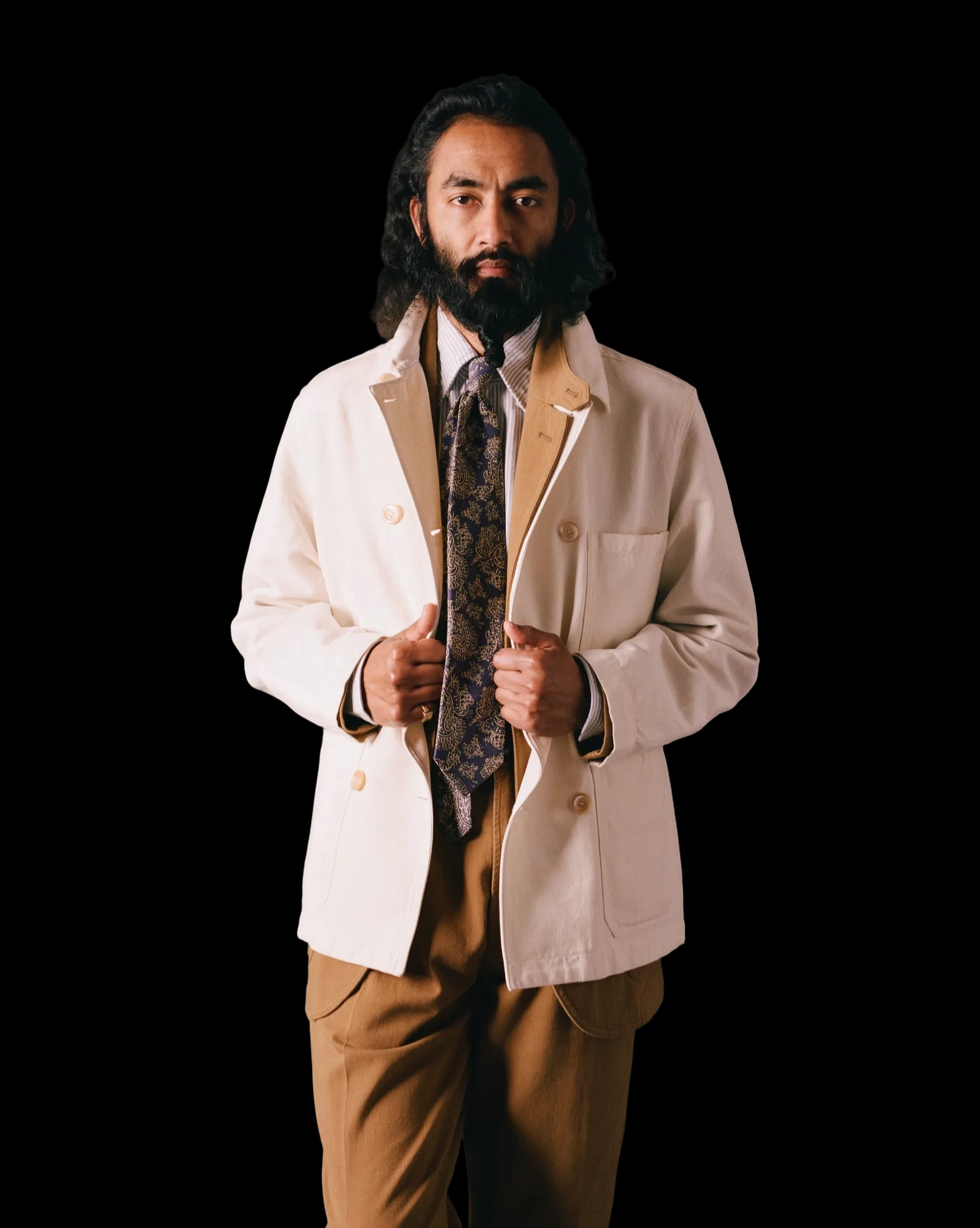 Ecru Cotton-Linen Double-Breasted Chore Coat