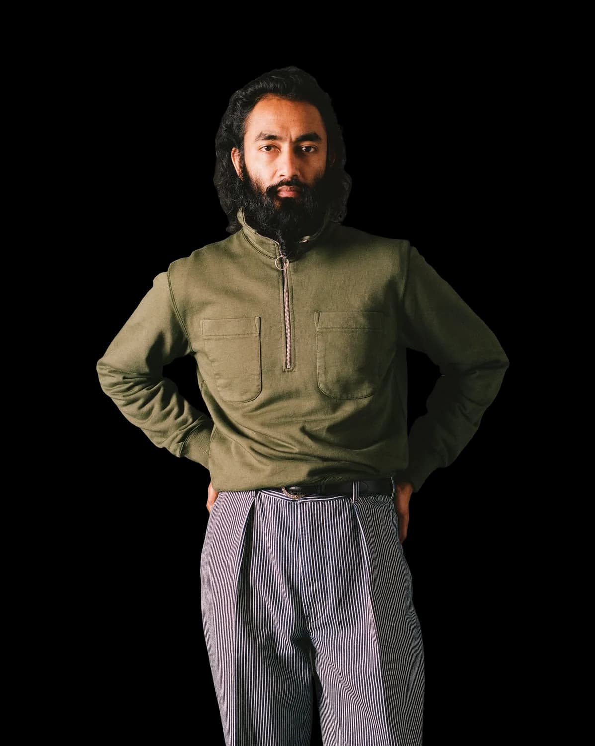 Khaki Green Cotton Quarter Zip Collared Sweatshirt