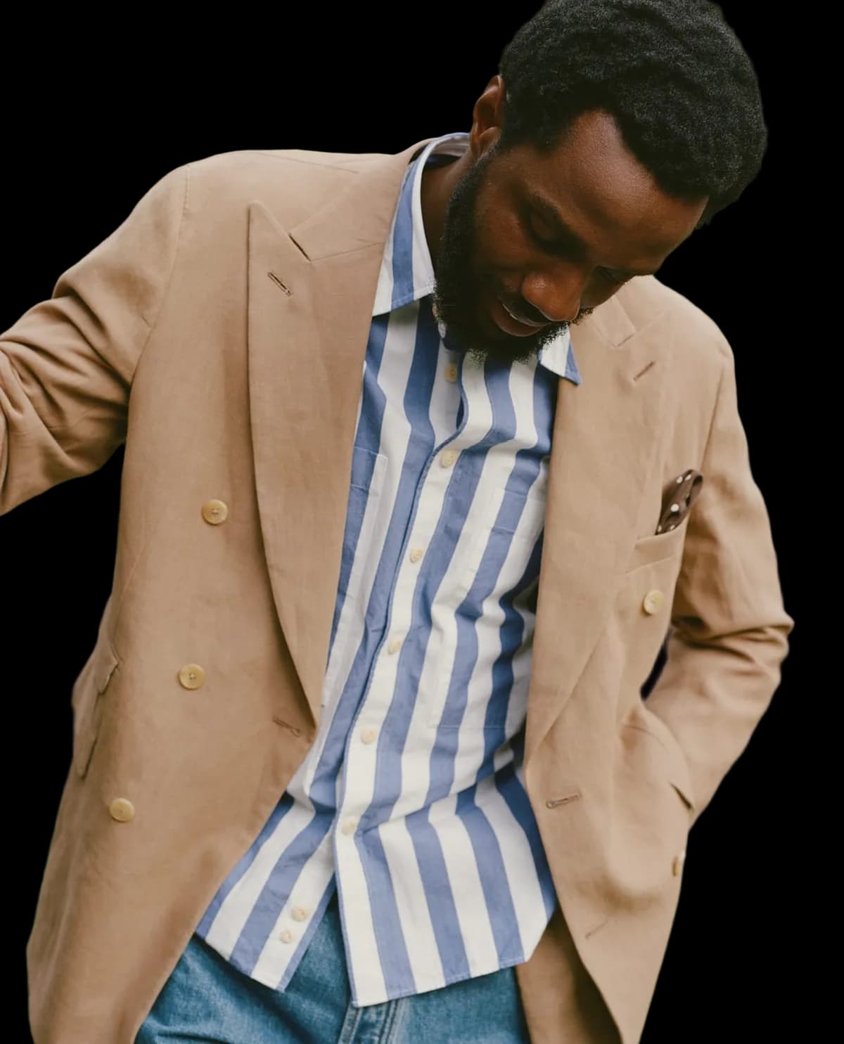 Blue and White Awning Stripe Cotton Long Point Collar Shirt