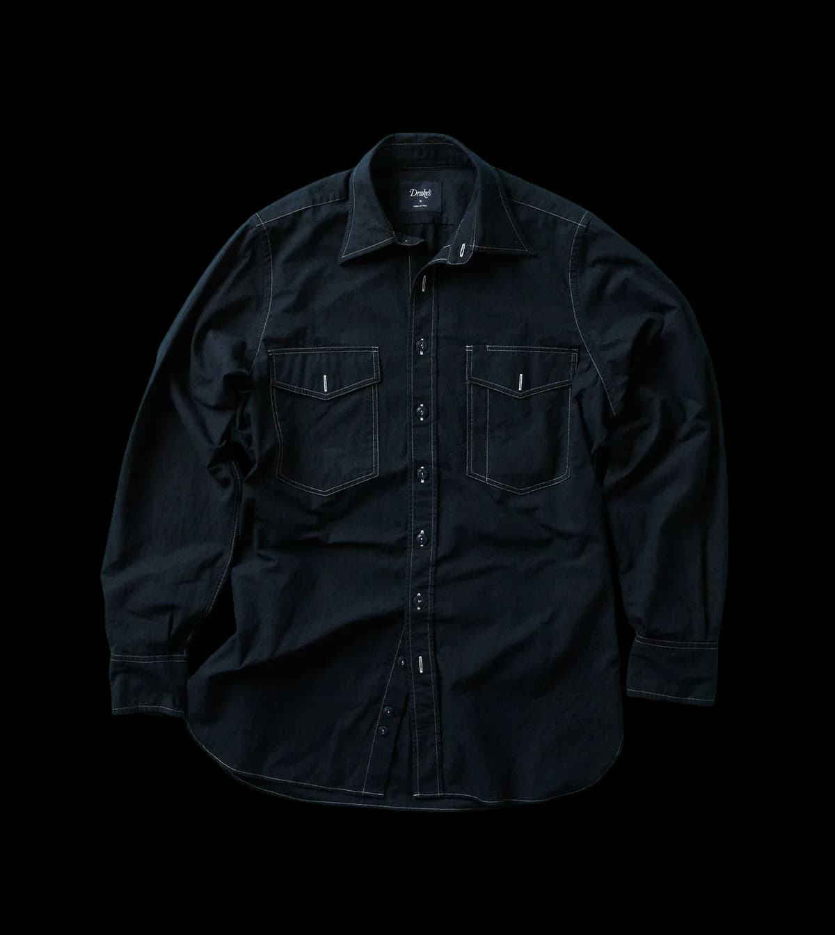 Navy Contrast Stitch Cotton-Linen Two-Pocket Work Shirt
