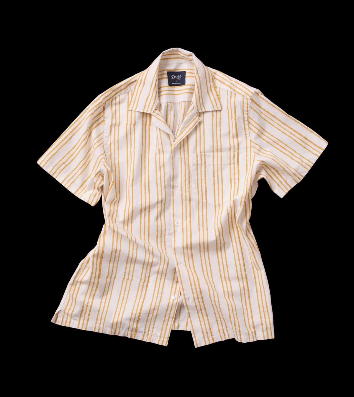 Yellow Triple Stripe Block Print Cotton Camp Collar Short Sleeve Shirt