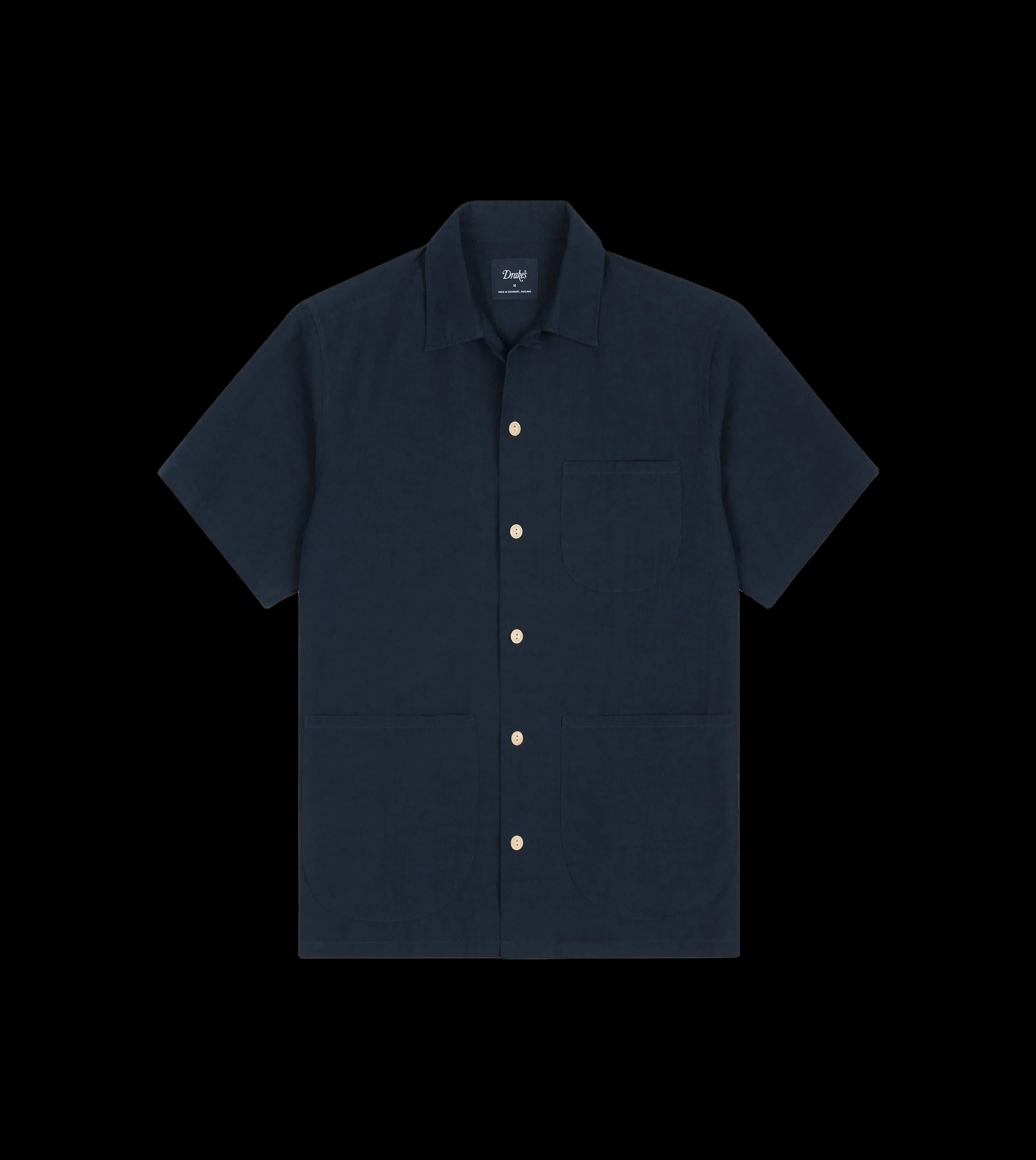 Navy Cotton-Linen Camp Collar Three Pocket Short Sleeve Shirt