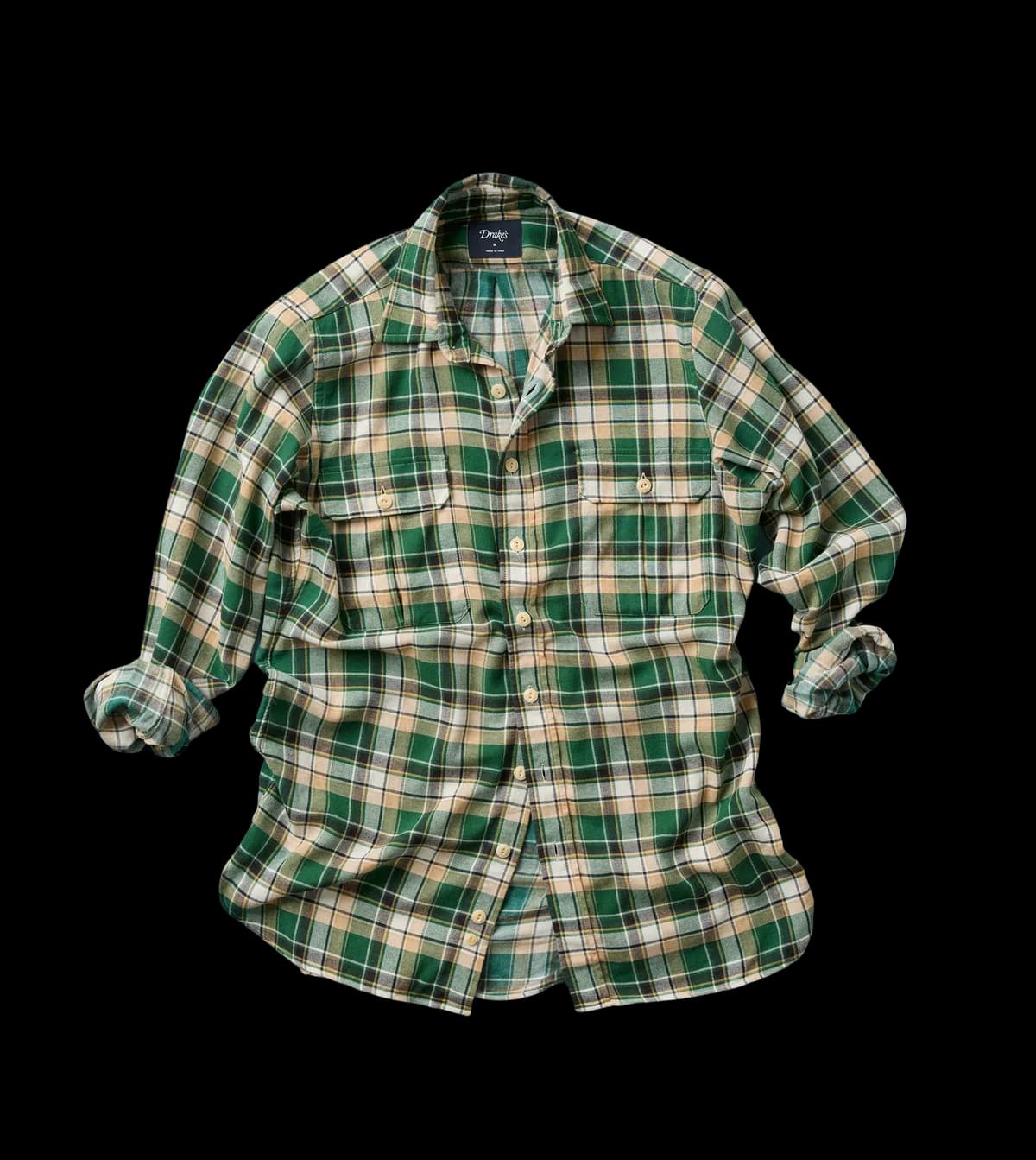 Green Check Cotton Two-Pocket Work Shirt