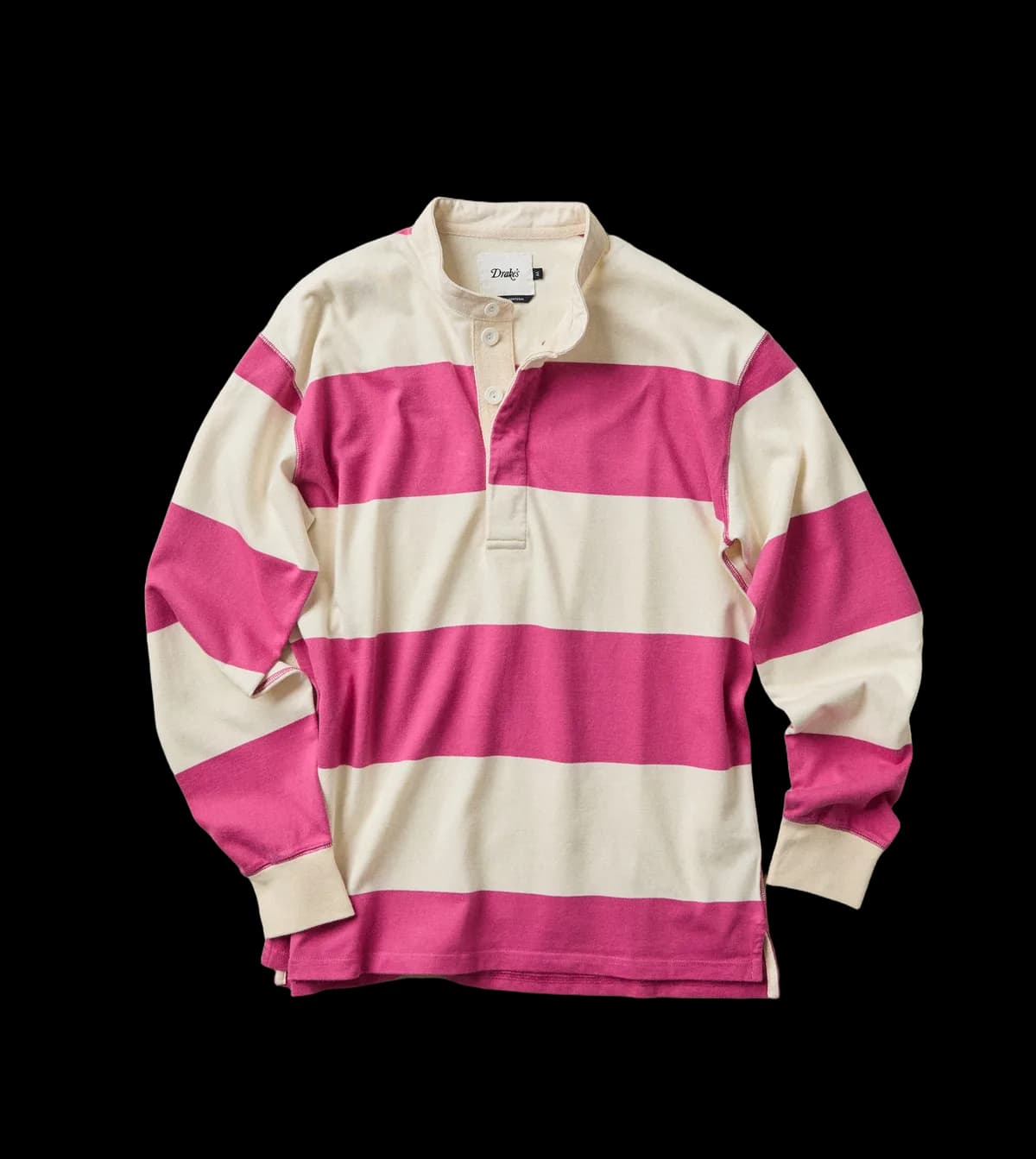 Pink and White Stripe Cotton Mandarin Collar Rugby Shirt