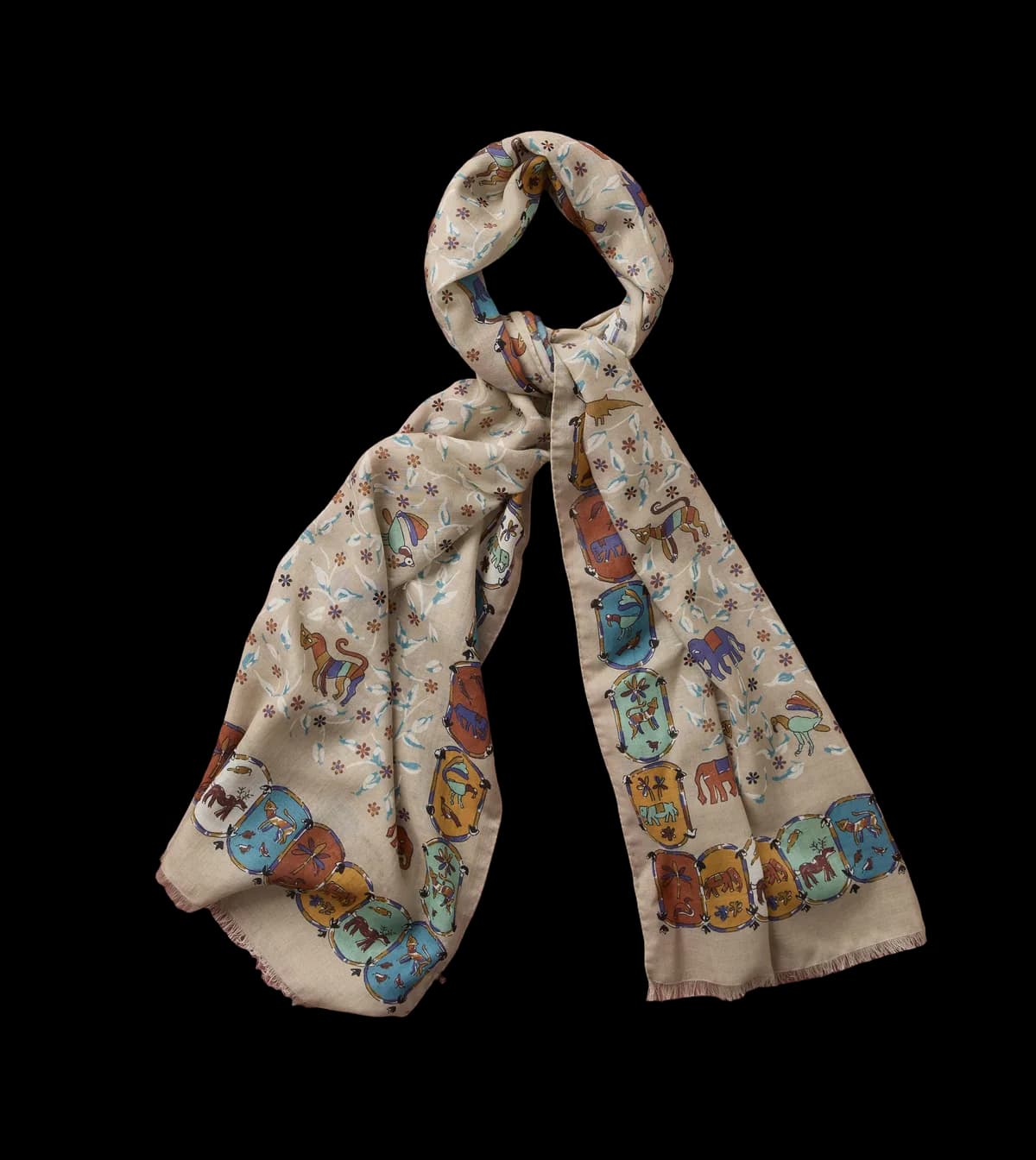 Ecru Loose Animal Print Wool-Silk Scarf