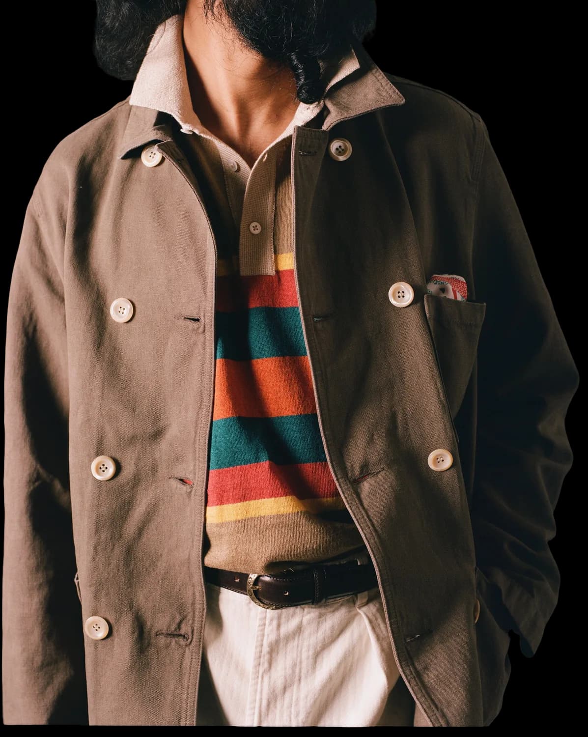 Brown Cotton-Linen Double-Breasted Chore Coat