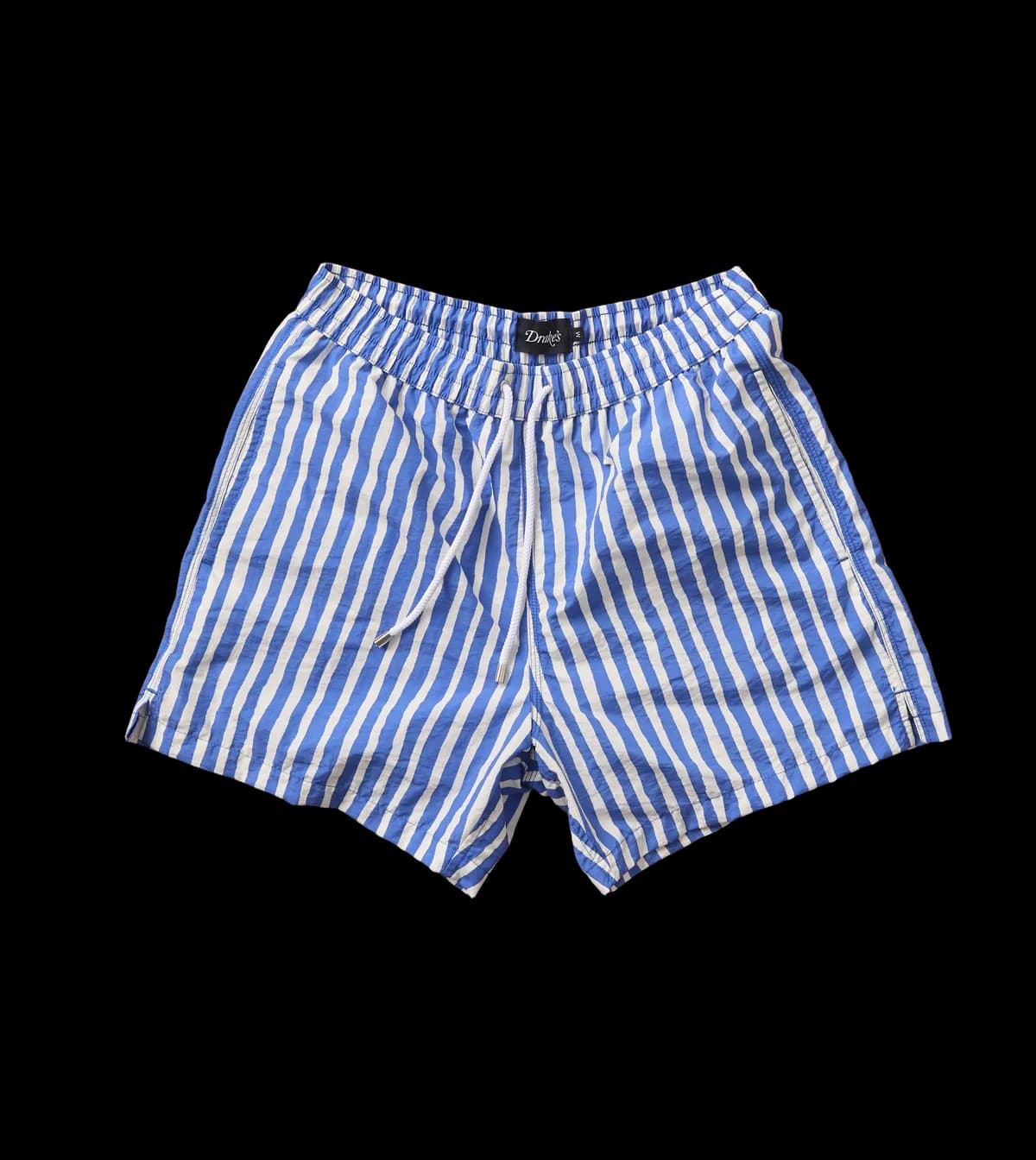 Blue Stripe Print Nylon Drawstring Swim Shorts