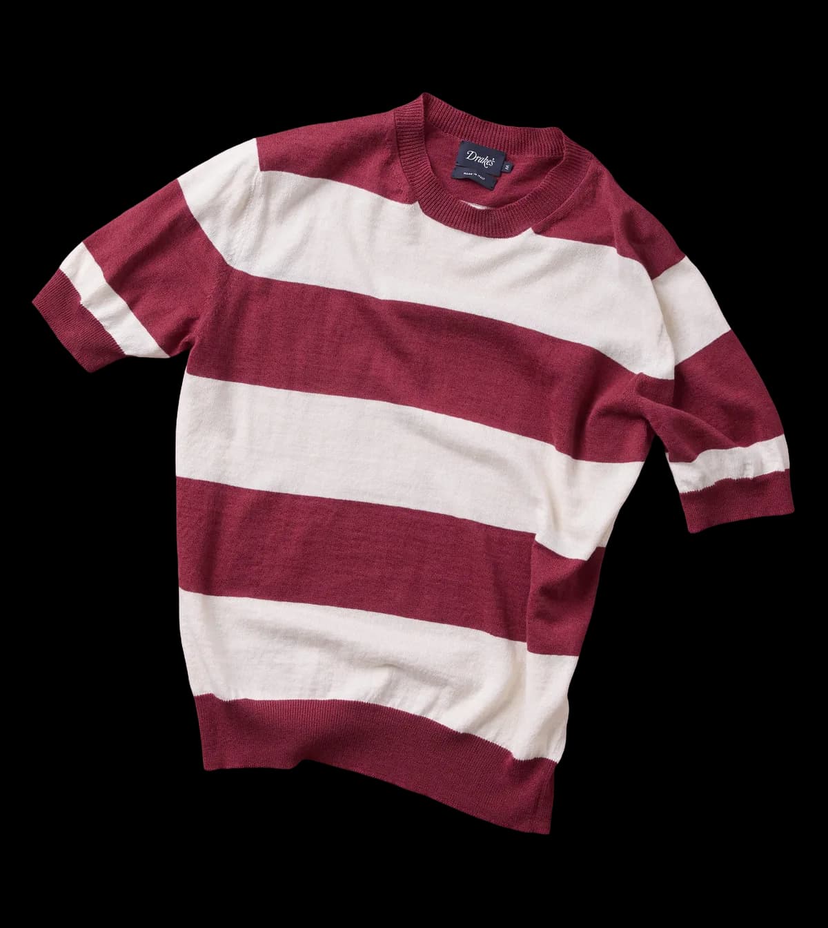 Ecru and Burgundy Stripe Crew Neck Knitted T-Shirt