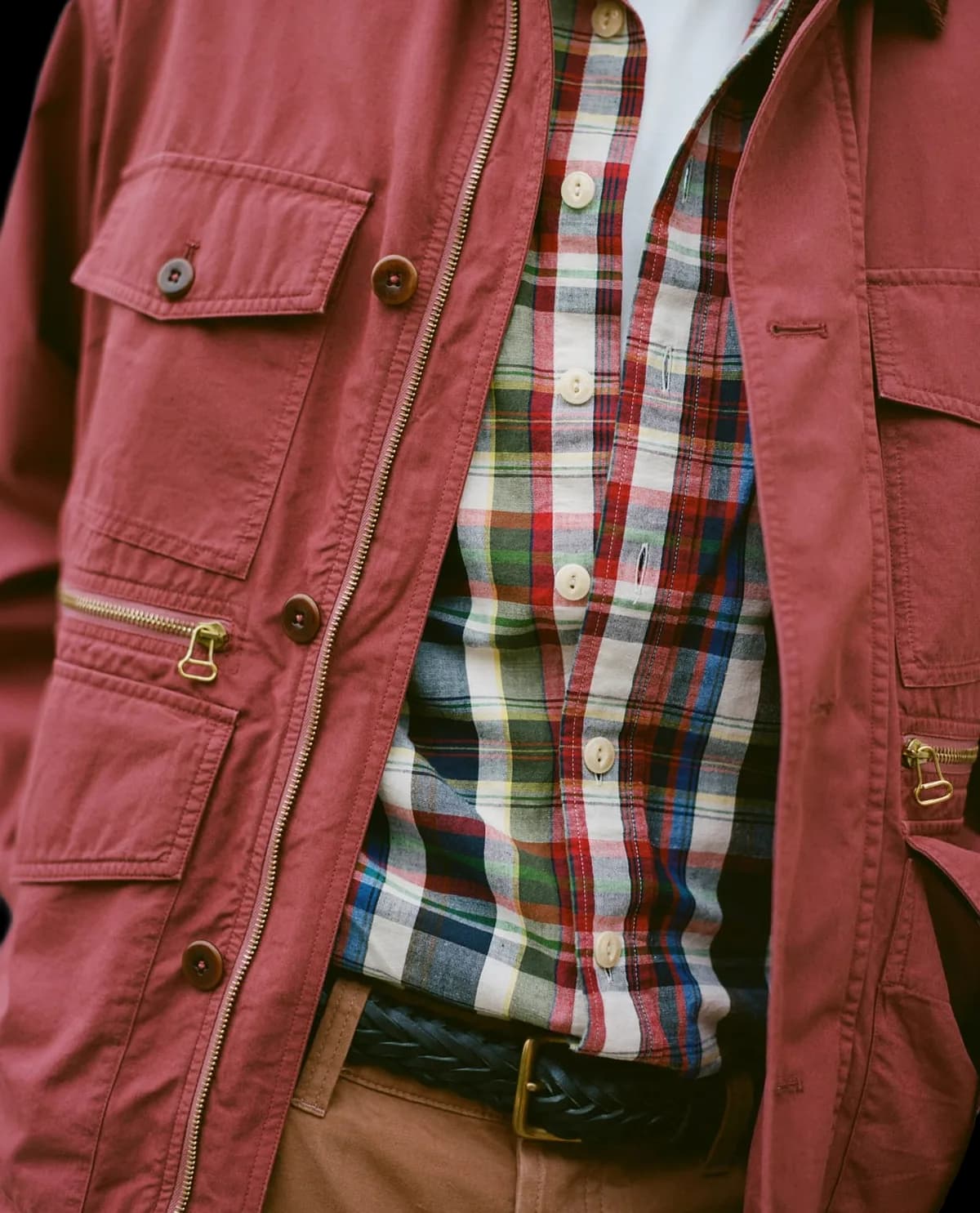 Navy and Red Check Cotton-Linen Two-Pocket Work Shirt