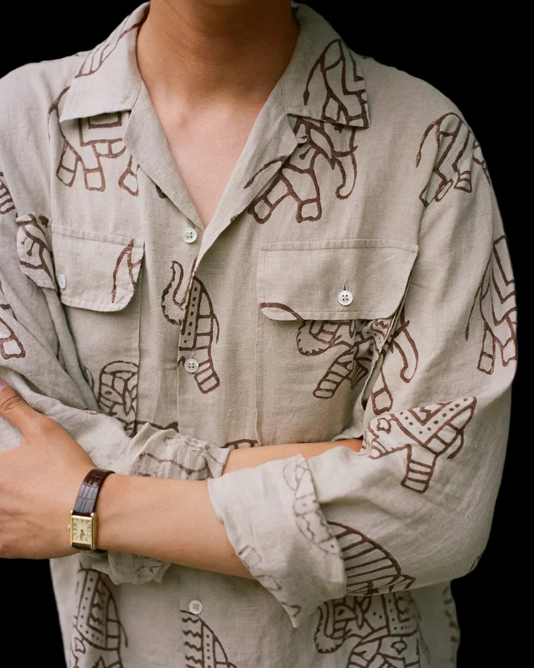 White Elephant Block Print Linen Camp Collar Long Sleeve Shirt