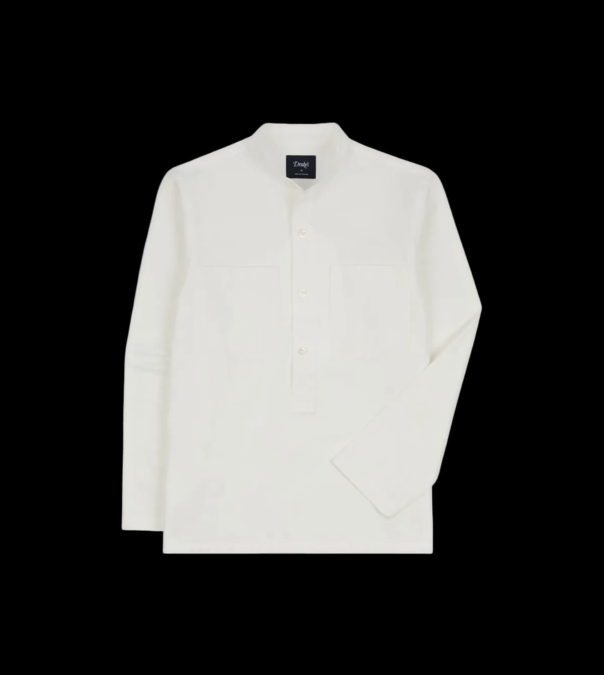 White Herringbone Cotton Mandarin Collar Popover Shirt