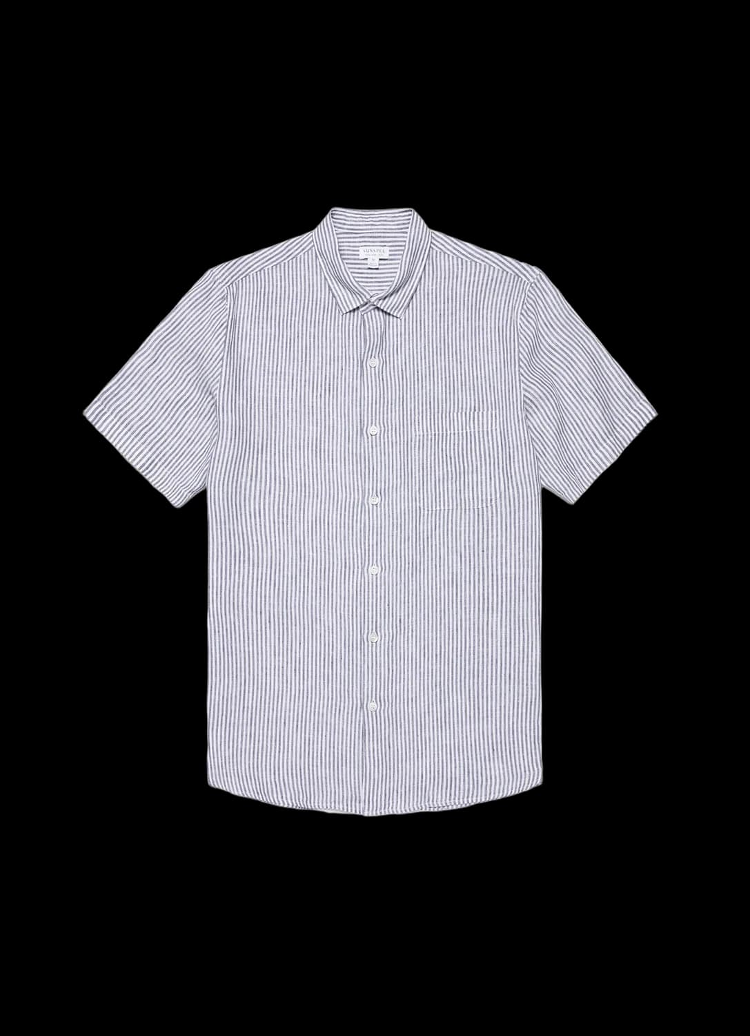 Men's Short Sleeve Linen Shirt in Navy/White