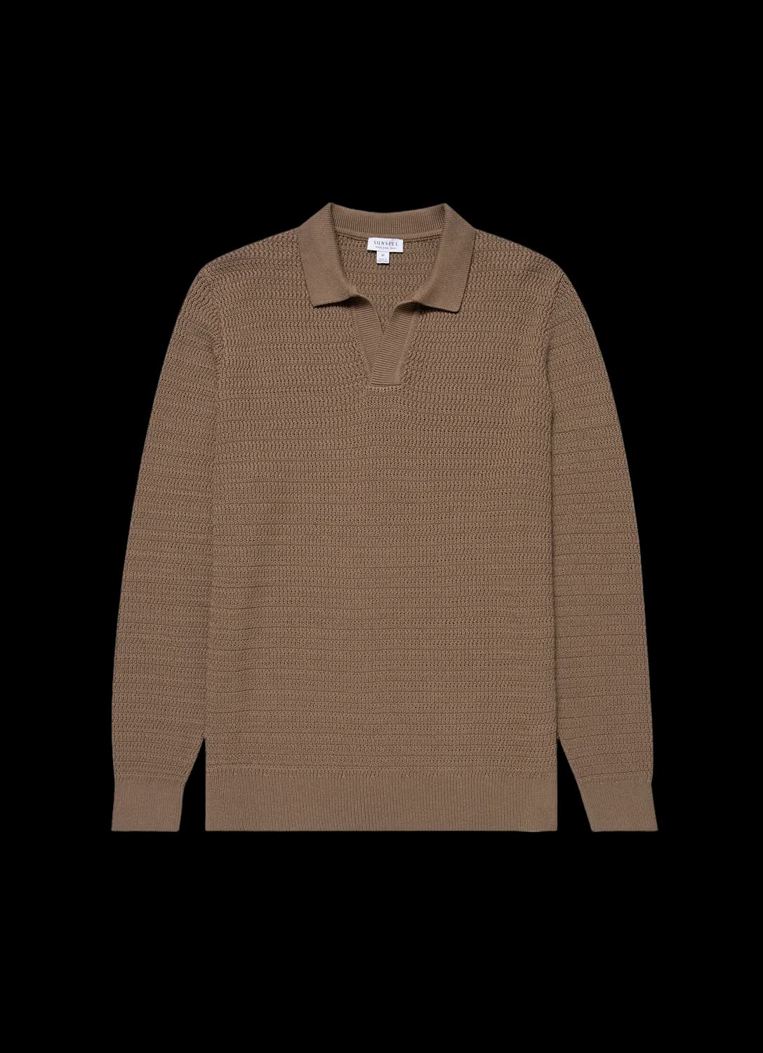 Men's Long Sleeve Textured Cotton Polo Shirt in Dark Stone