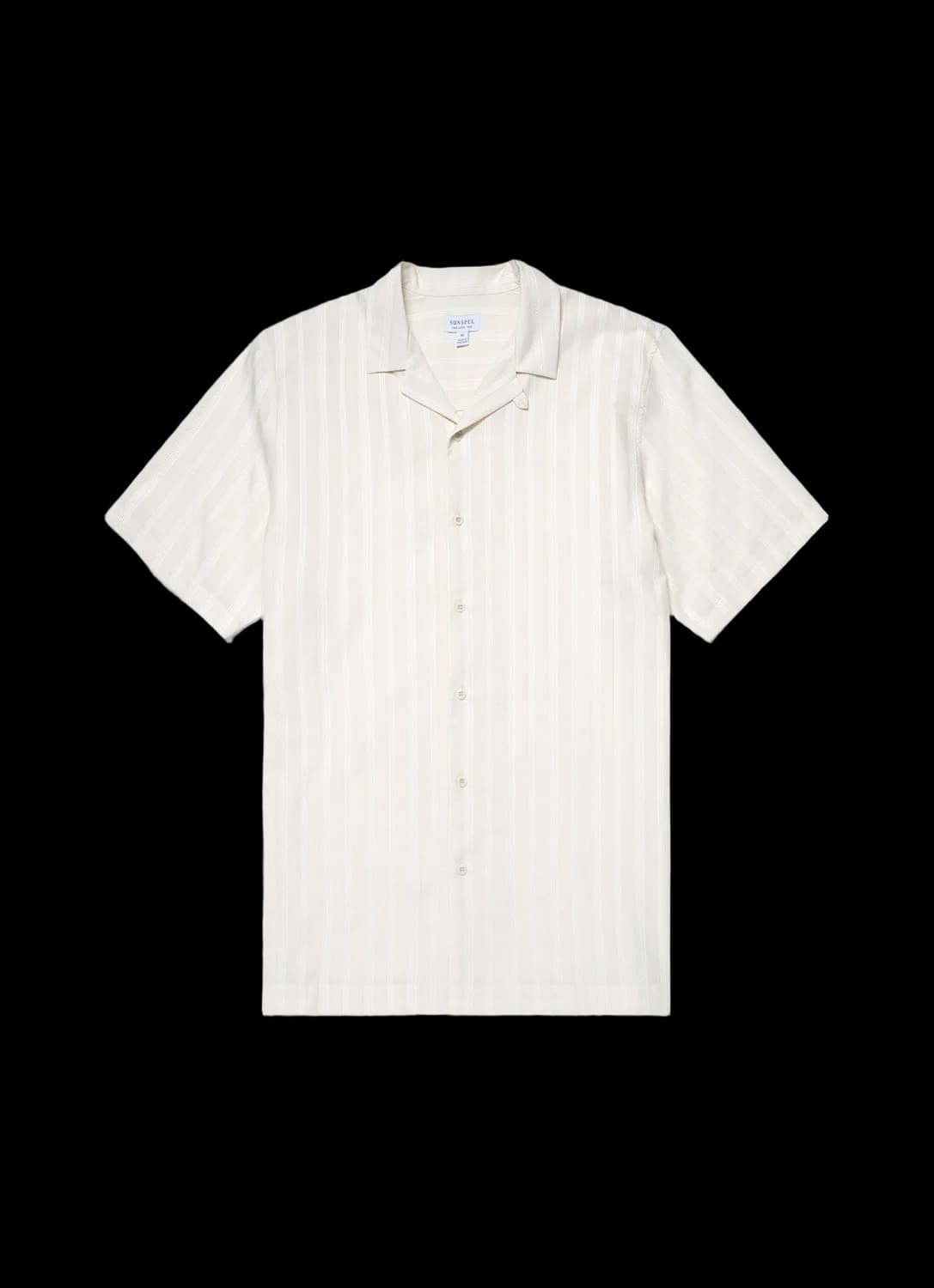 Men's Embroidered Stripe Camp Collar Shirt in Ecru