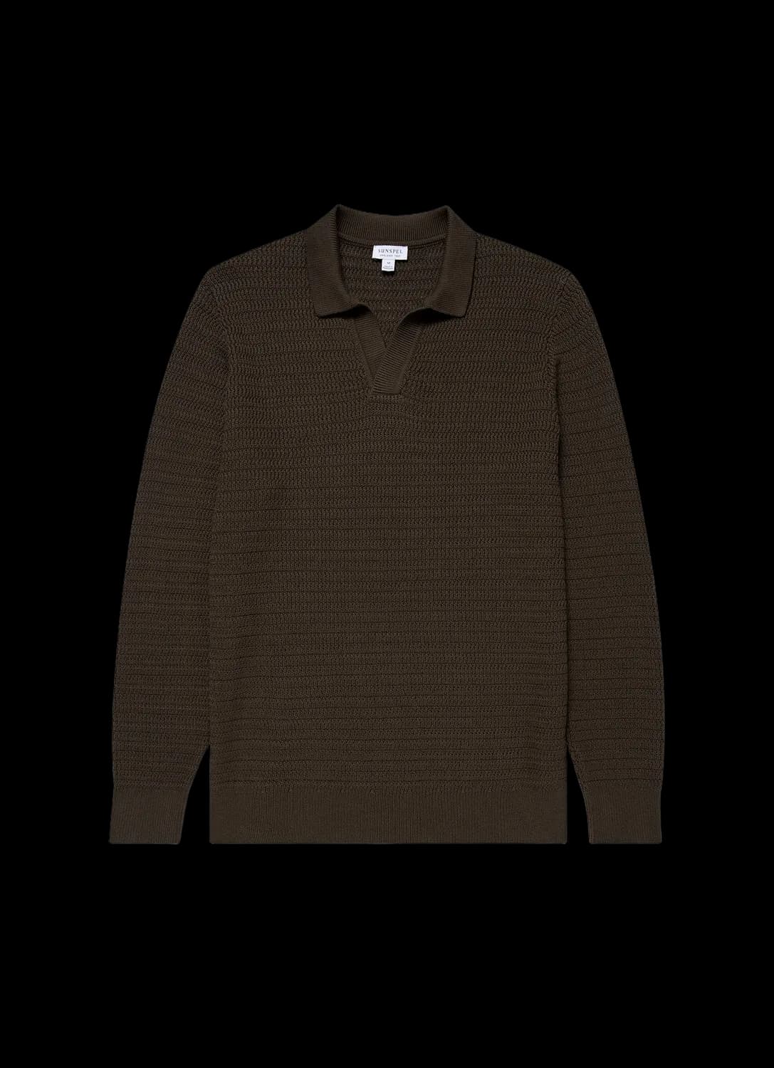 Men's Long Sleeve Textured Cotton Polo Shirt in Khaki